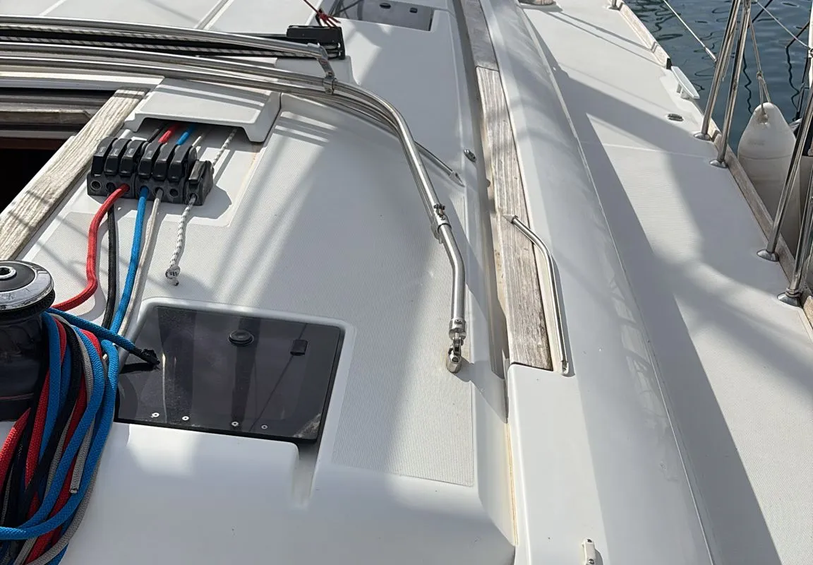 Deck of Kaos, a Jeanneau Sun Odyssey 509 sailboat at Olbia, Italy