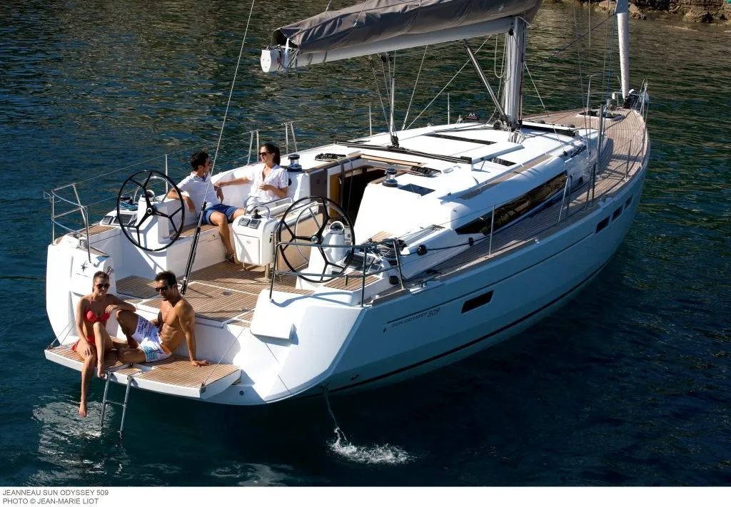 Exterior view of Kaos, a Jeanneau Sun Odyssey 509 sailboat at Olbia, Italy