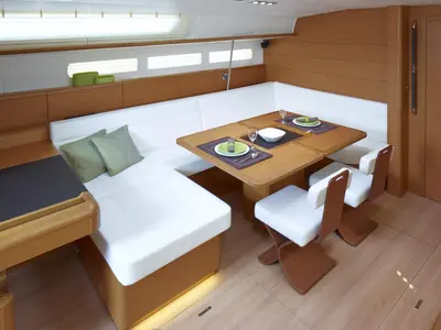 Salon of Kaos, a Jeanneau Sun Odyssey 509 sailboat at Olbia, Italy