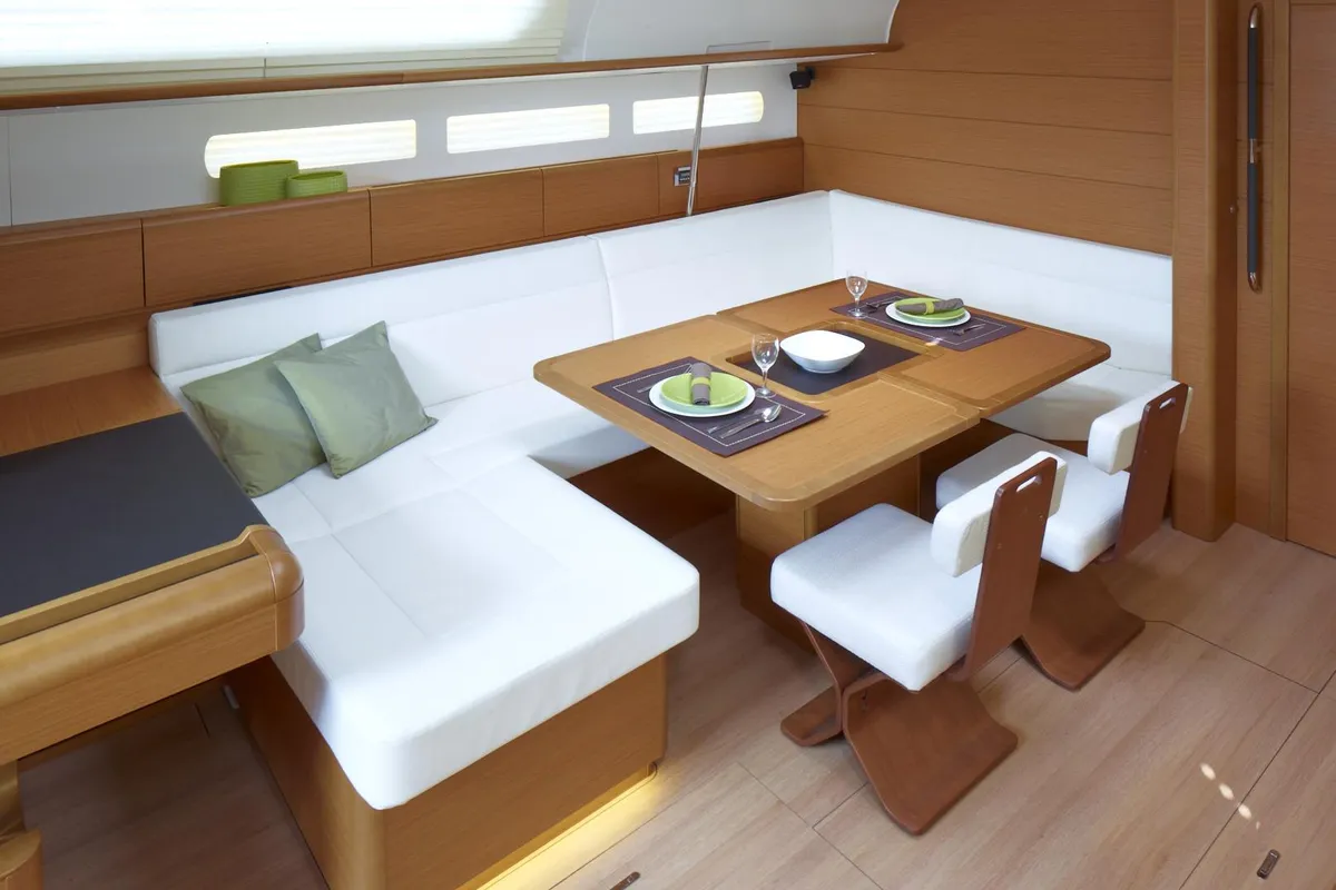 Salon of Kaos, a Jeanneau Sun Odyssey 509 sailboat at Olbia, Italy