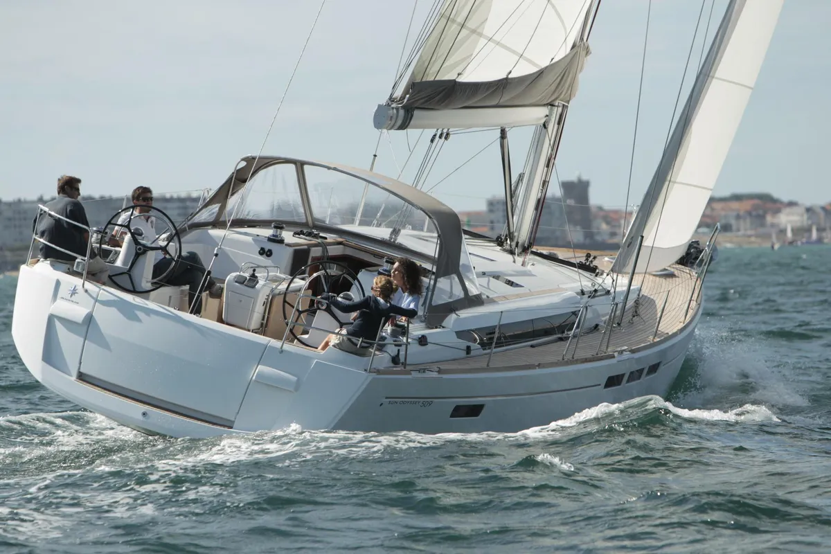 Exterior view of Kaos, a Jeanneau Sun Odyssey 509 sailboat at Olbia, Italy