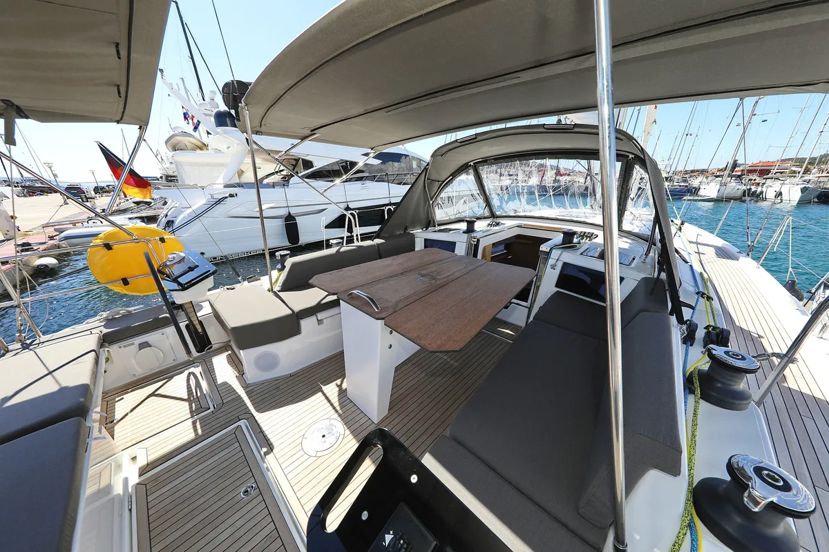 Cockpit of Kaos, a Dufour 44 sailboat at Grad Biograd na Moru, Croatia