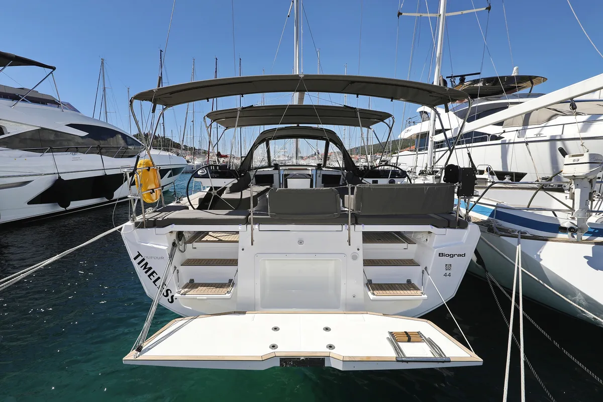 Deck of Kaos, a Dufour 44 sailboat at Grad Biograd na Moru, Croatia