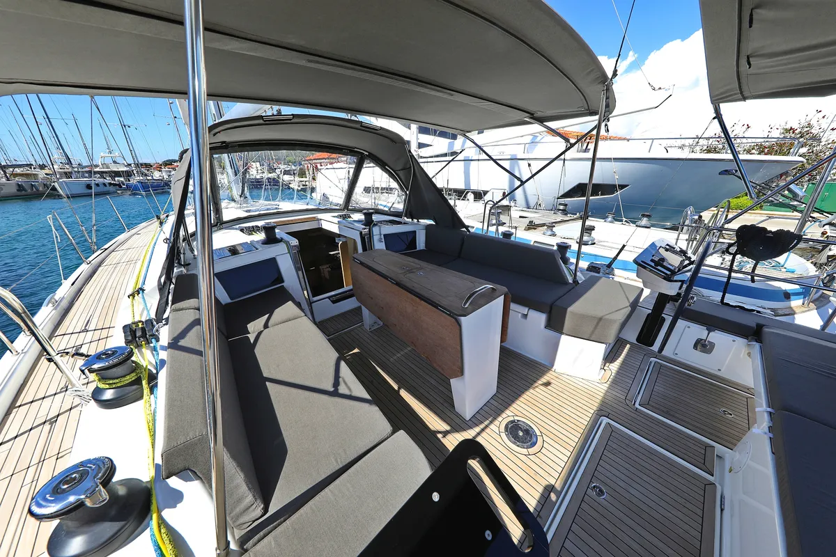 Deck of Kaos, a Dufour 44 sailboat at Grad Biograd na Moru, Croatia