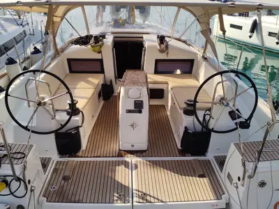 Cockpit of Erato, a Jeanneau Sun Odyssey 440 sailboat at Volos, Greece
