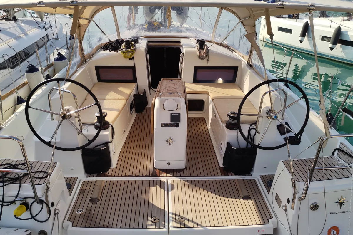 Cockpit of Erato, a Jeanneau Sun Odyssey 440 sailboat at Volos, Greece