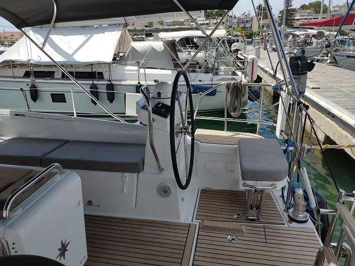 Cockpit of Sogno di Mare, a Jeanneau 51 sailboat at Preveza, Greece