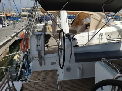 Cockpit of Sogno di Mare, a Jeanneau 51 sailboat at Preveza, Greece