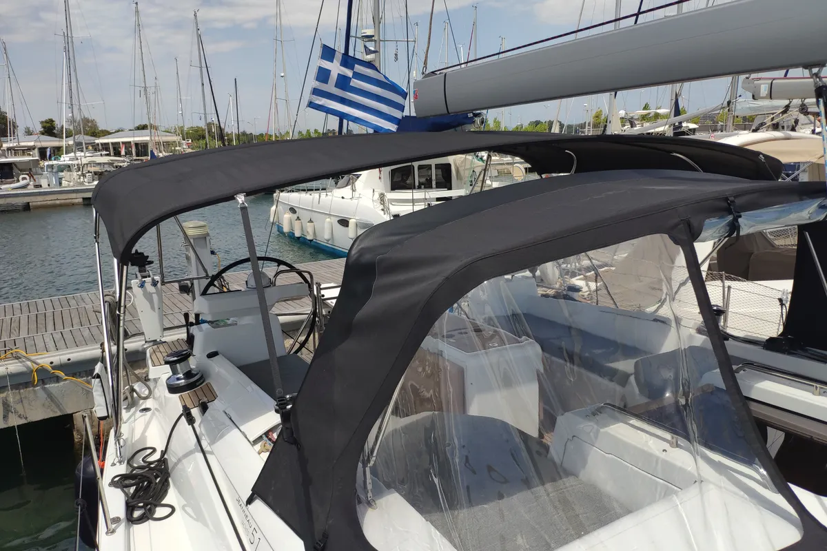 Exterior view of Sogno di Mare, a Jeanneau 51 sailboat at Preveza, Greece