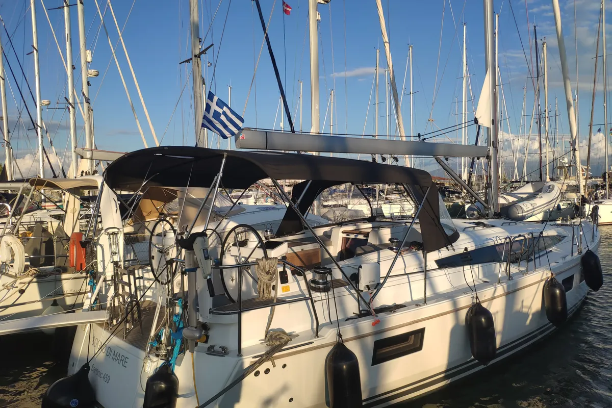 Exterior view of Sogno di Mare, a Jeanneau 51 sailboat at Preveza, Greece