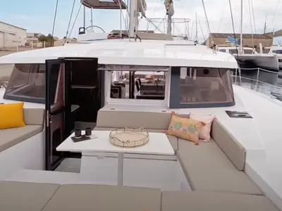 Deck of Persona Grata, a Bali 4.2 catamaran at Kontokali, Greece