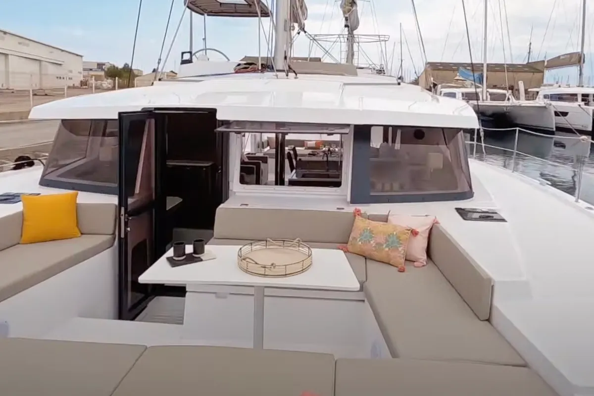 Deck of Persona Grata, a Bali 4.2 catamaran at Kontokali, Greece