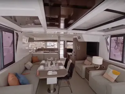 Salon of Persona Grata, a Bali 4.2 catamaran at Kontokali, Greece