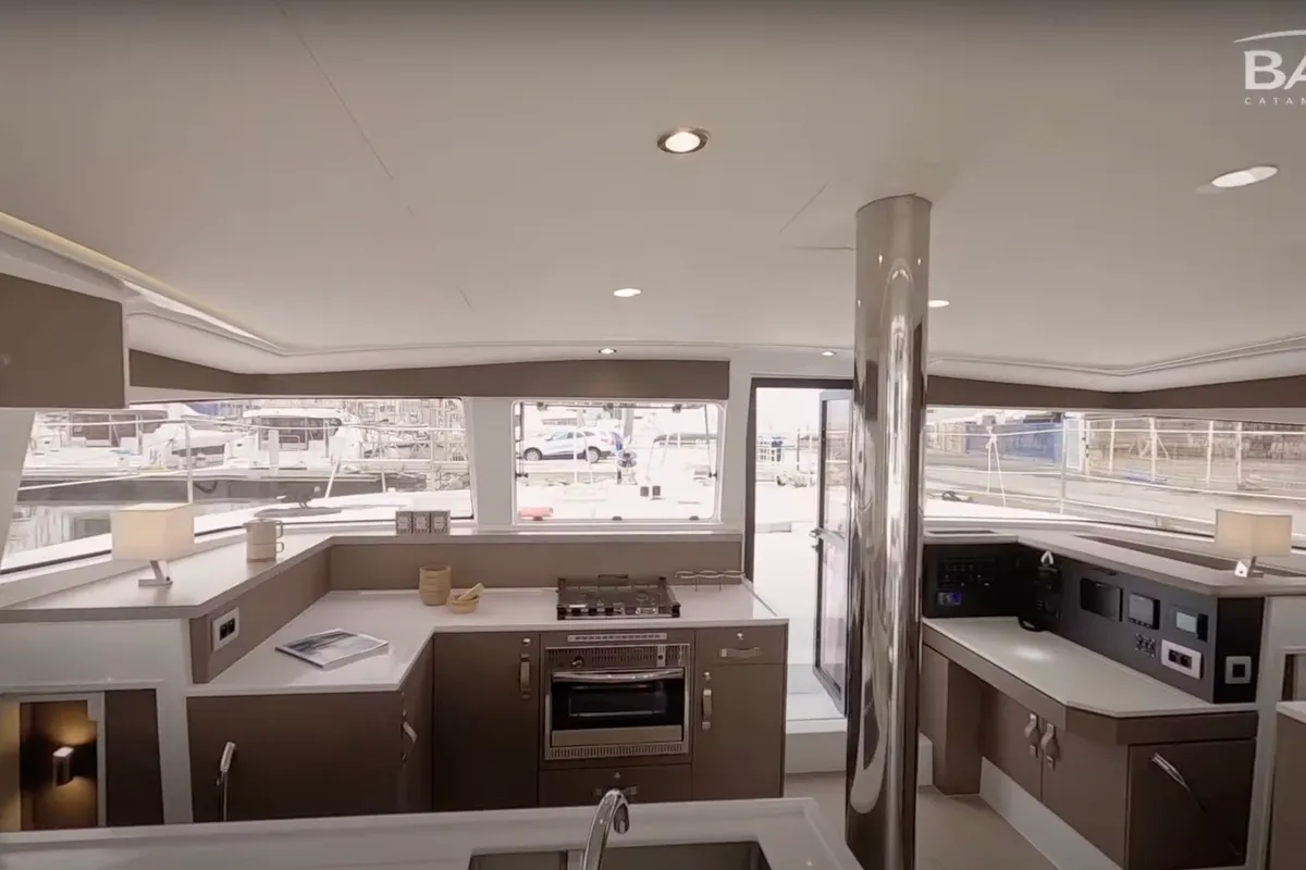Galley of Persona Grata, a Bali 4.2 catamaran at Kontokali, Greece