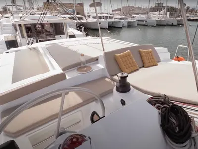Cockpit of Persona Grata, a Bali 4.2 catamaran at Kontokali, Greece