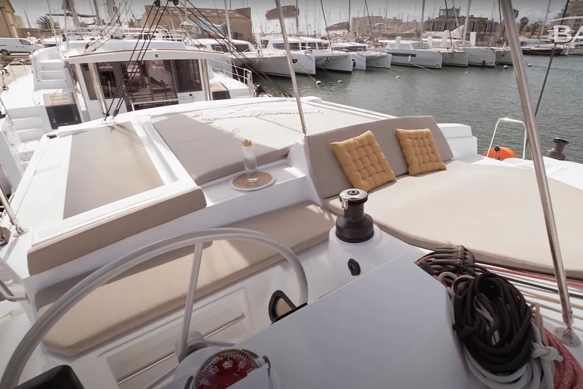 Cockpit of Persona Grata, a Bali 4.2 catamaran at Kontokali, Greece