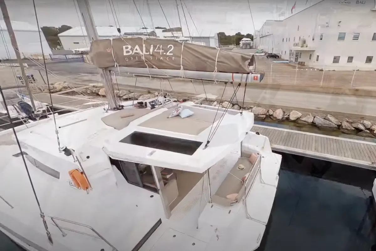 Exterior view of Persona Grata, a Bali 4.2 catamaran at Kontokali, Greece