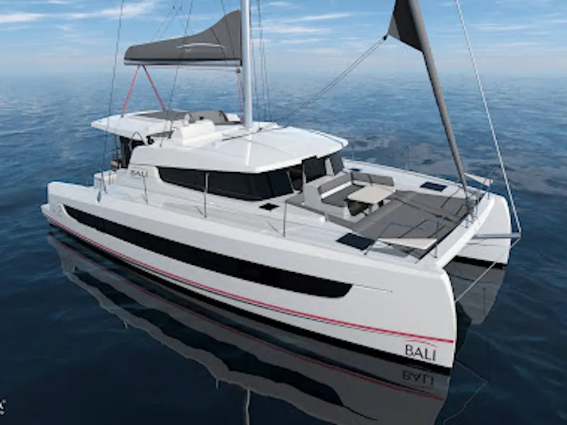Exterior view of Persona Grata, a Bali 4.2 catamaran at Kontokali, Greece