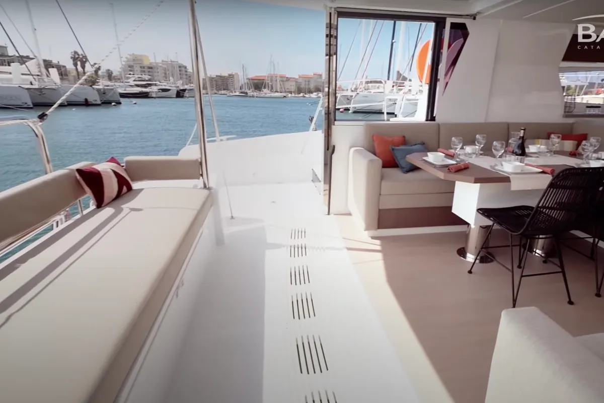 Deck of Persona Grata, a Bali 4.2 catamaran at Kontokali, Greece