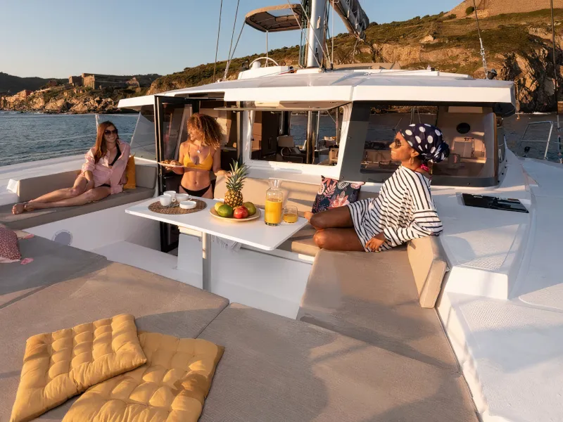 Deck of Persona Grata, a Bali 4.2 catamaran at Kontokali, Greece