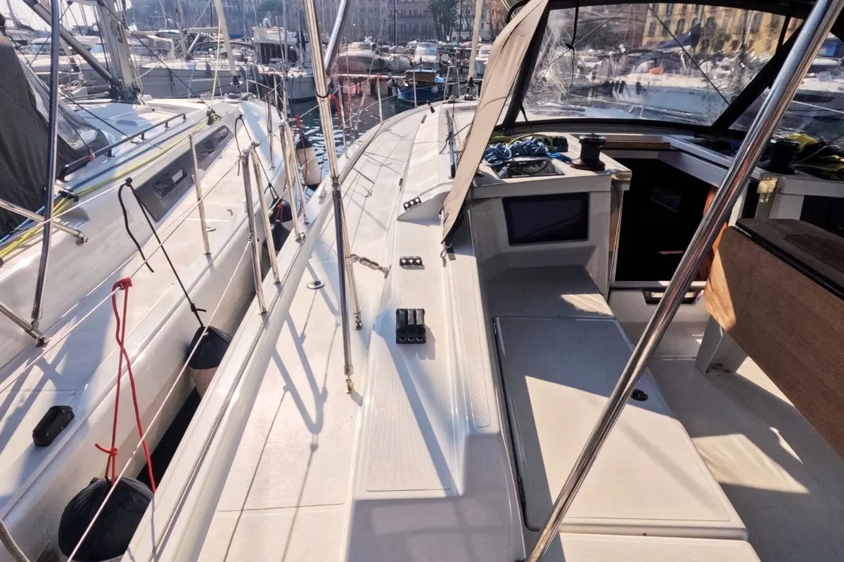Deck of Amaco, a Dufour 44 sailboat at Palermo, Italy