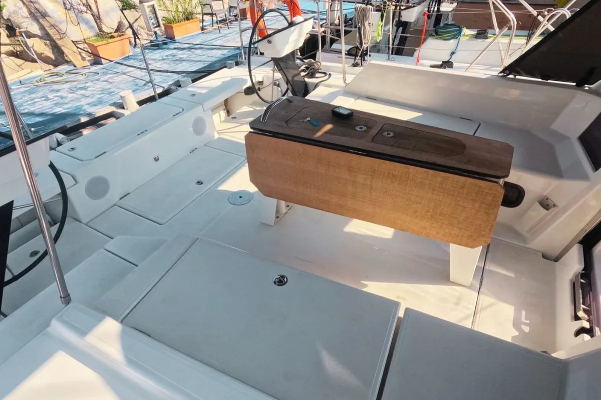 Deck of Amaco, a Dufour 44 sailboat at Palermo, Italy