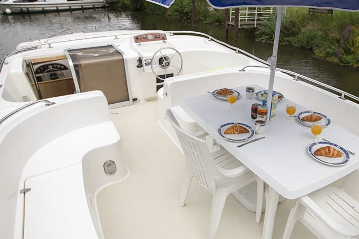 Deck of Grand Classique, a Gulet Grand Classique motorboat at Rheinsberg, Germany