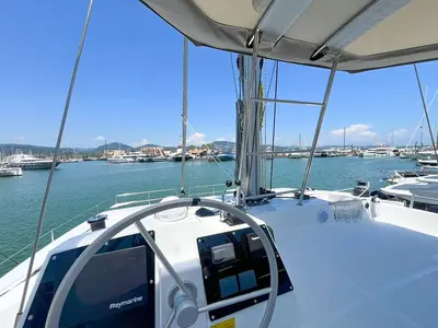 Cockpit of Ten, a Bali 4.6 catamaran at Ajaccio, France