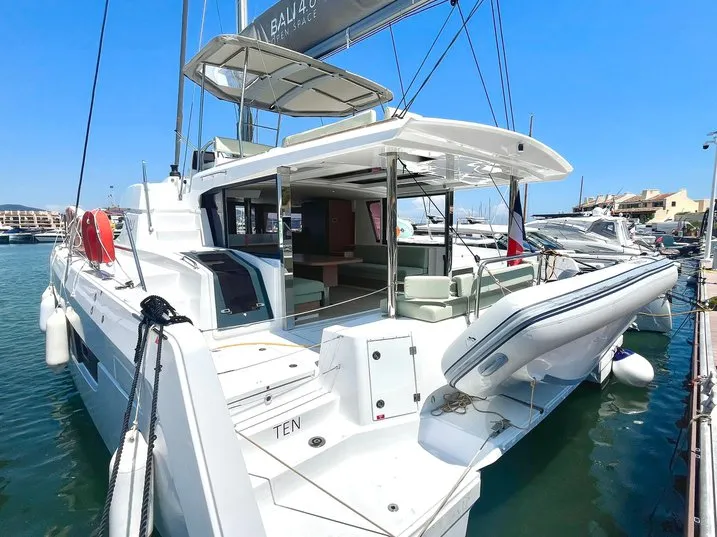 Exterior view of Ten, a Bali 4.6 catamaran at Ajaccio, France