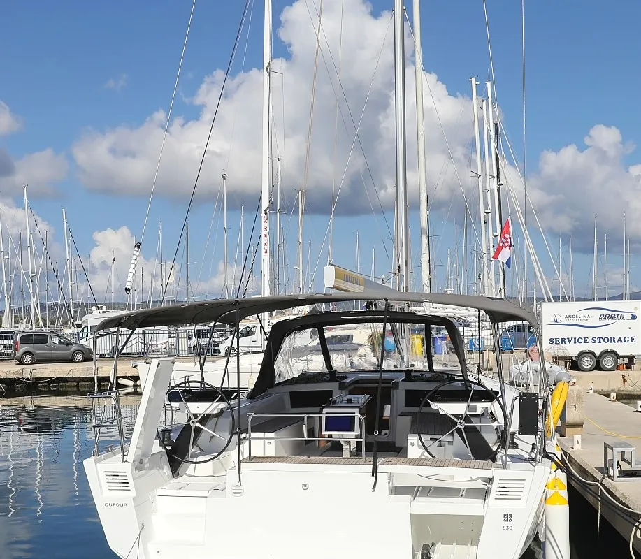 Exterior view of Graceful Dancer, a Dufour 530 sailboat at Grad Trogir, Croatia