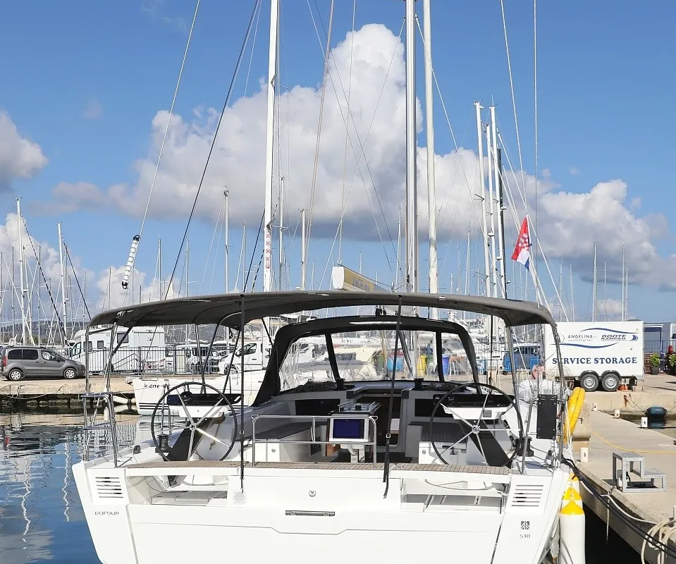 Exterior view of Graceful Dancer, a Dufour 530 sailboat at Grad Trogir, Croatia