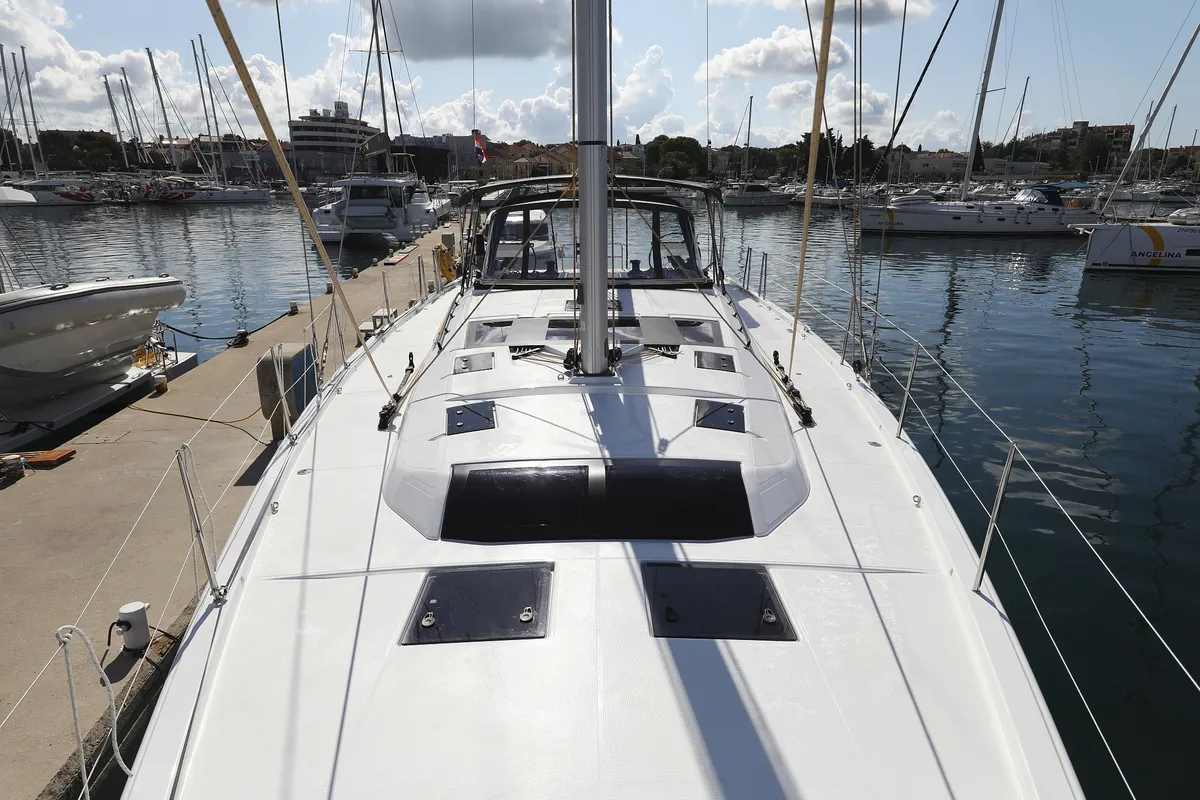 Deck of Graceful Dancer, a Dufour 530 sailboat at Grad Trogir, Croatia