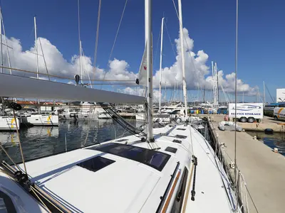 Deck of Graceful Dancer, a Dufour 530 sailboat at Grad Trogir, Croatia