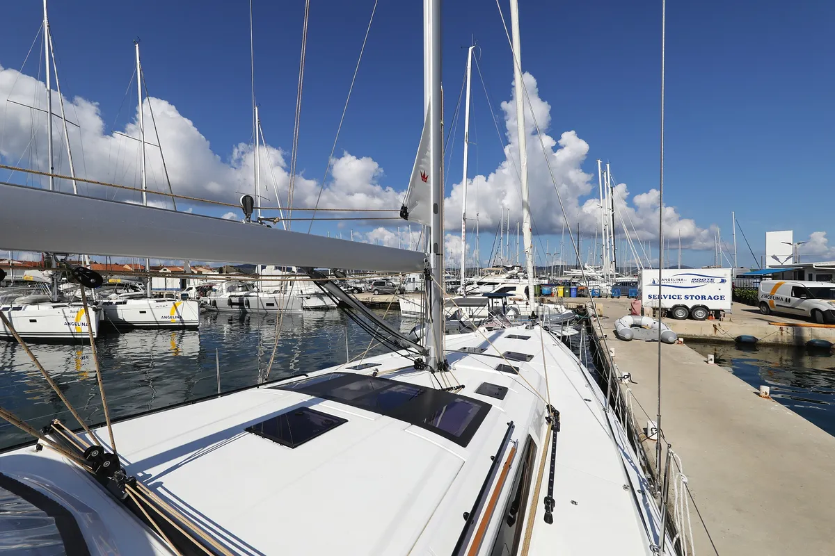 Deck of Graceful Dancer, a Dufour 530 sailboat at Grad Trogir, Croatia