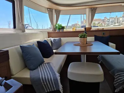 Salon of Amanaci, a Lagoon 46 catamaran at Palma de Mallorca, Spain