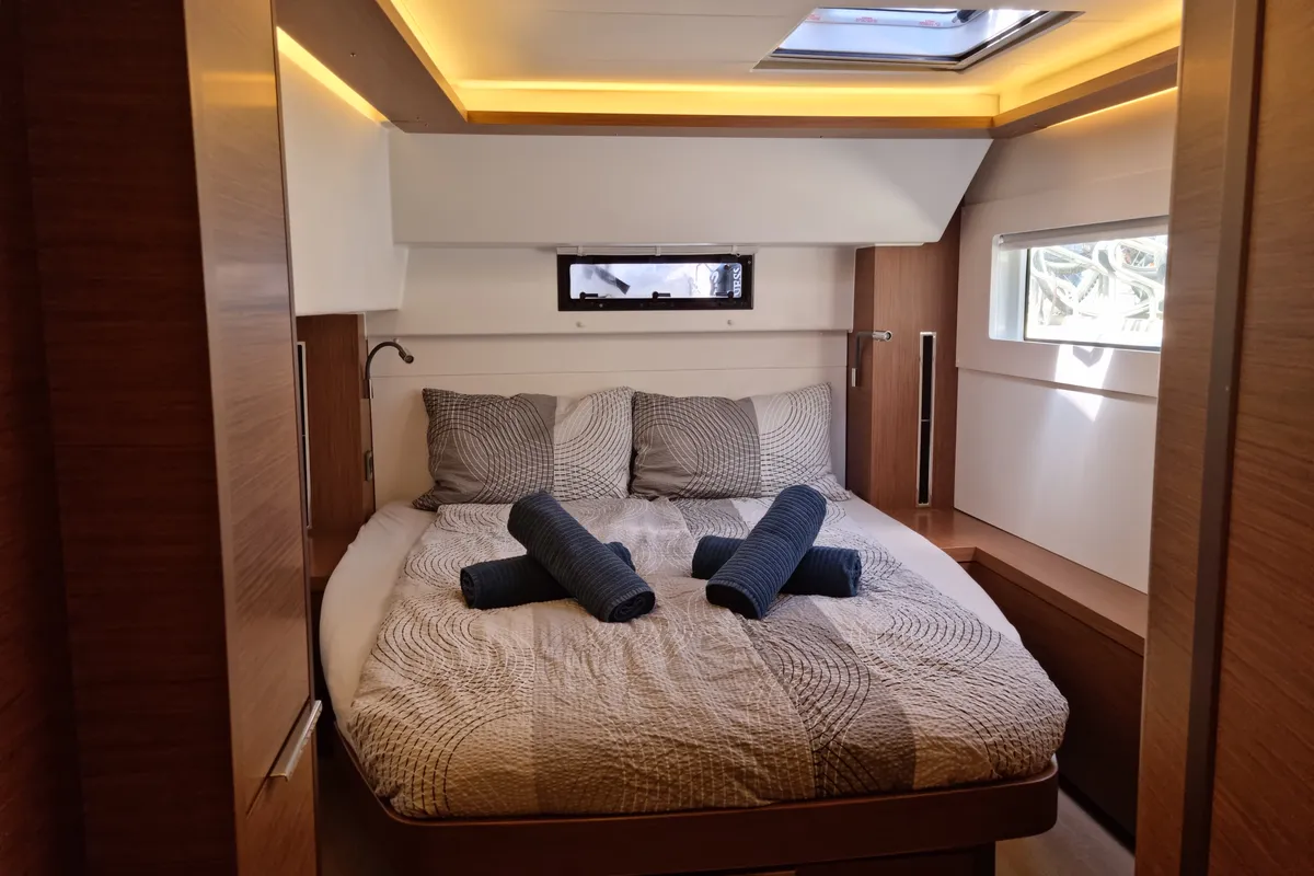 Cabin on Amanaci, a Lagoon 46 catamaran at Palma de Mallorca, Spain