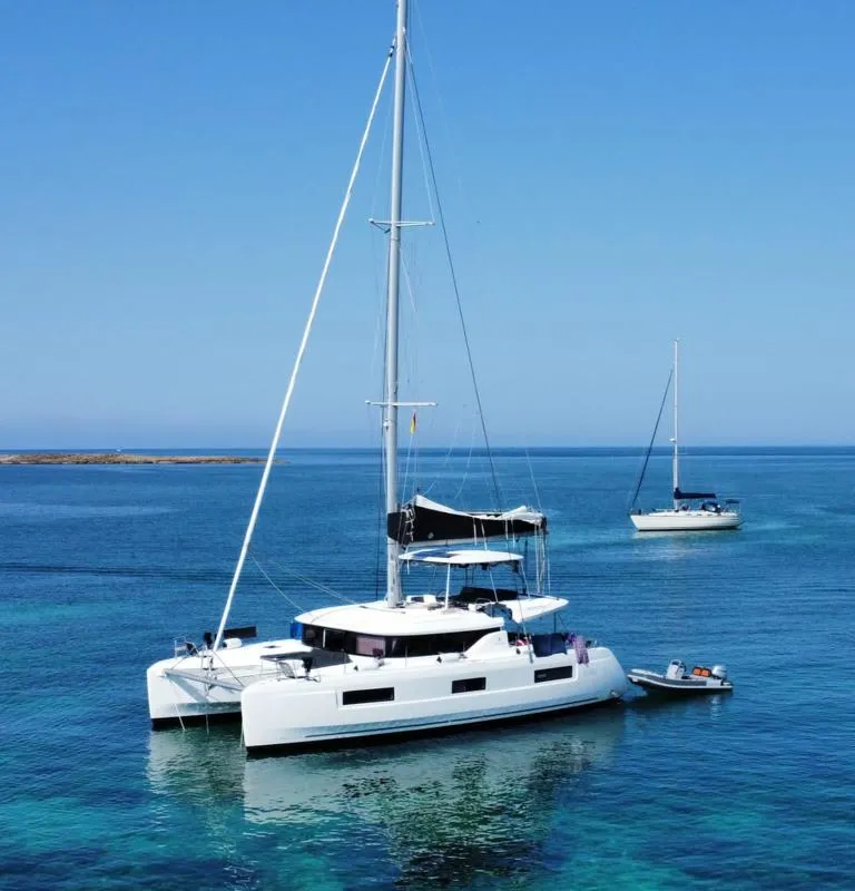 Exterior view of Amanaci, a Lagoon 46 catamaran at Palma de Mallorca, Spain