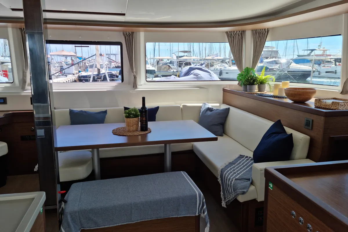 Salon of Amanaci, a Lagoon 46 catamaran at Palma de Mallorca, Spain