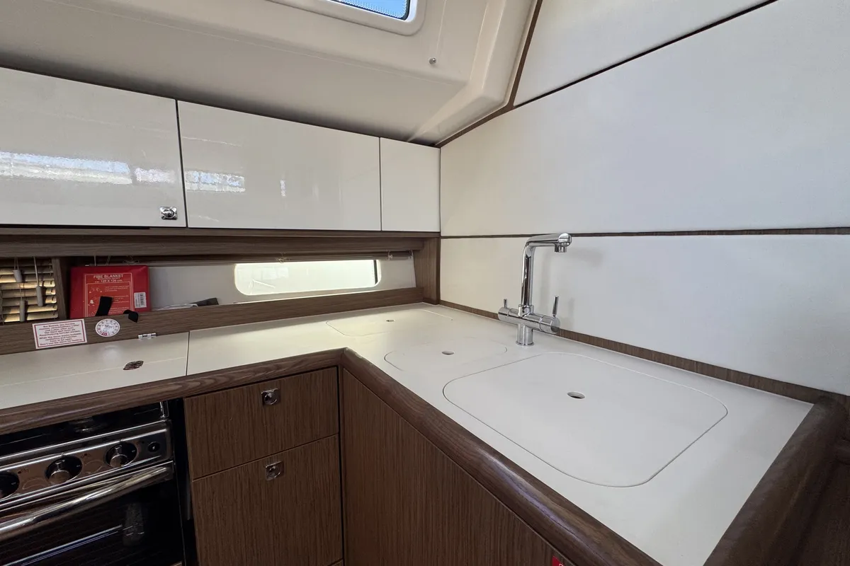 Galley of Sacuri, a Bavaria 46 Cruiser sailboat at Figari/Golfo Aranci, Italy