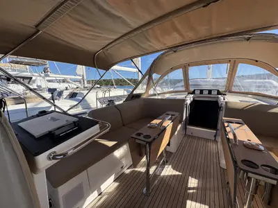 Cockpit of Sacuri, a Bavaria 46 Cruiser sailboat at Figari/Golfo Aranci, Italy