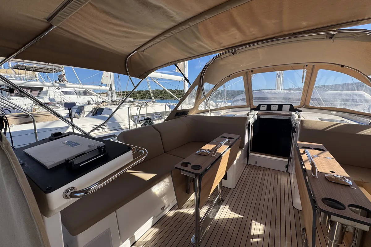 Cockpit of Sacuri, a Bavaria 46 Cruiser sailboat at Figari/Golfo Aranci, Italy