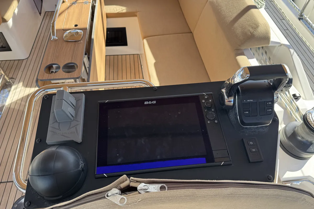 Cockpit of Sacuri, a Bavaria 46 Cruiser sailboat at Figari/Golfo Aranci, Italy