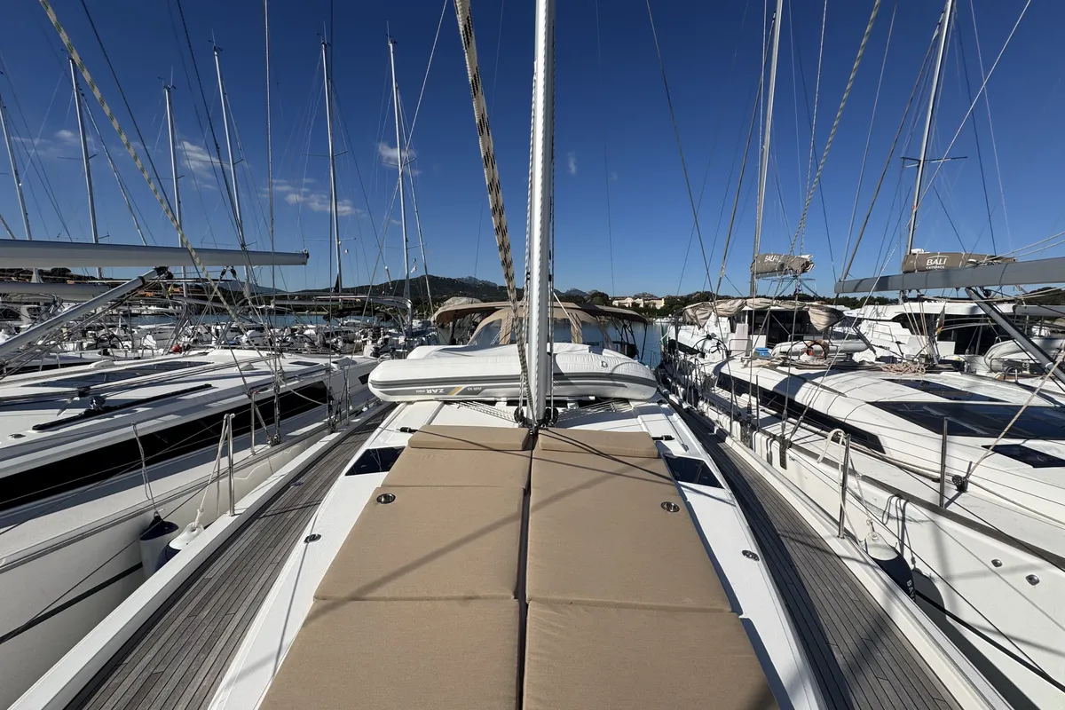 Exterior view of Sacuri, a Bavaria 46 Cruiser sailboat at Figari/Golfo Aranci, Italy