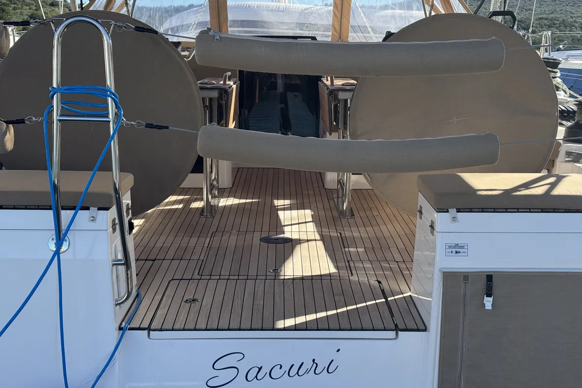 Exterior view of Sacuri, a Bavaria 46 Cruiser sailboat at Figari/Golfo Aranci, Italy