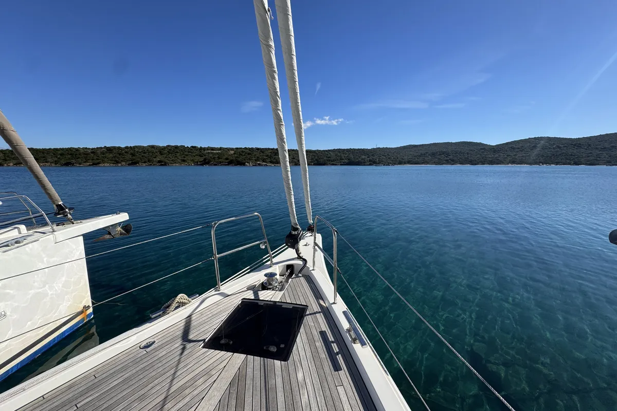 Exterior view of Sacuri, a Bavaria 46 Cruiser sailboat at Figari/Golfo Aranci, Italy