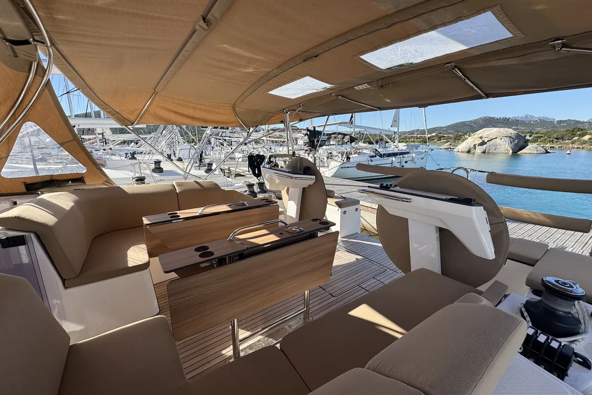 Cockpit of Sacuri, a Bavaria 46 Cruiser sailboat at Figari/Golfo Aranci, Italy