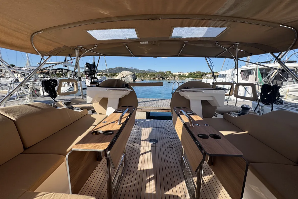Cockpit of Sacuri, a Bavaria 46 Cruiser sailboat at Figari/Golfo Aranci, Italy