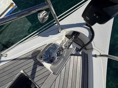 Deck of Sacuri, a Bavaria 46 Cruiser sailboat at Figari/Golfo Aranci, Italy