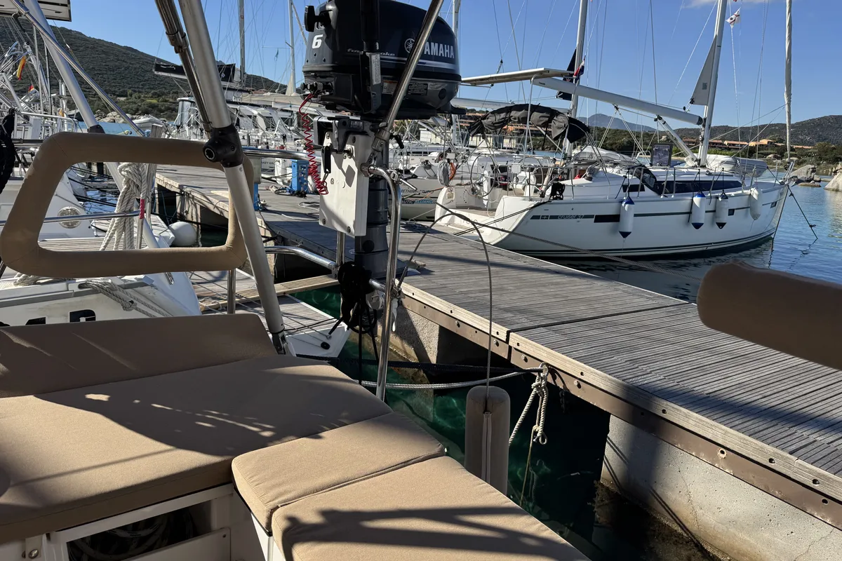 Cockpit of Sacuri, a Bavaria 46 Cruiser sailboat at Figari/Golfo Aranci, Italy