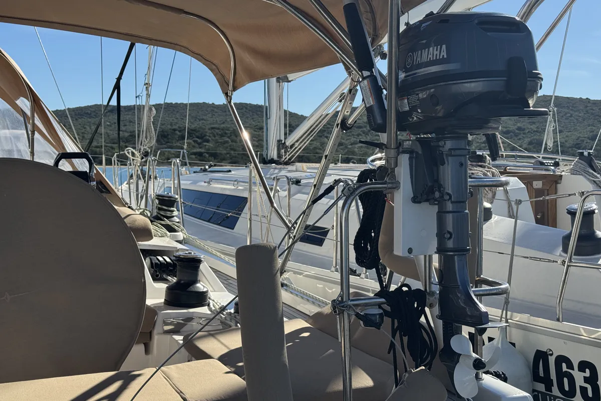 Cockpit of Sacuri, a Bavaria 46 Cruiser sailboat at Figari/Golfo Aranci, Italy